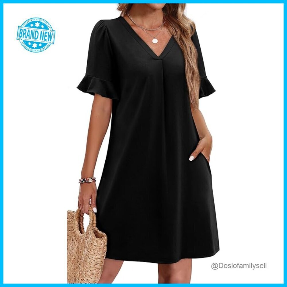 Ruffle Sleeve V Neck Shift Dress Casual Elegant Summer Pockets Stretch Fabric